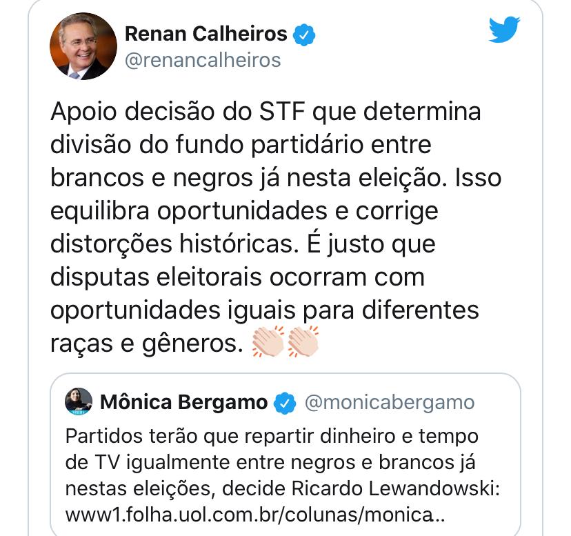 Renan diz apoiar divisão do fundo partidário entre brancos e negros já nesta eleição