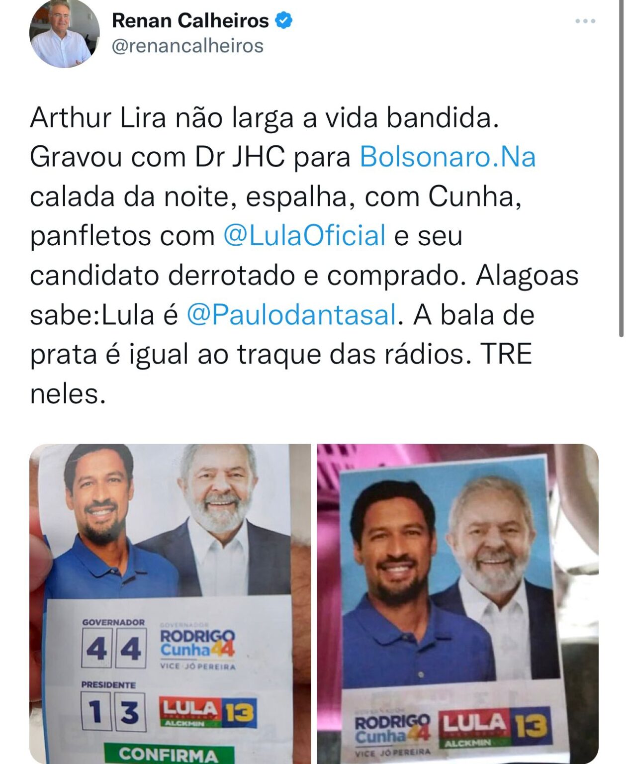 Renan denuncia santinhos que ligam Rodrigo Cunha a Lula: “Querem induzir o eleitor”