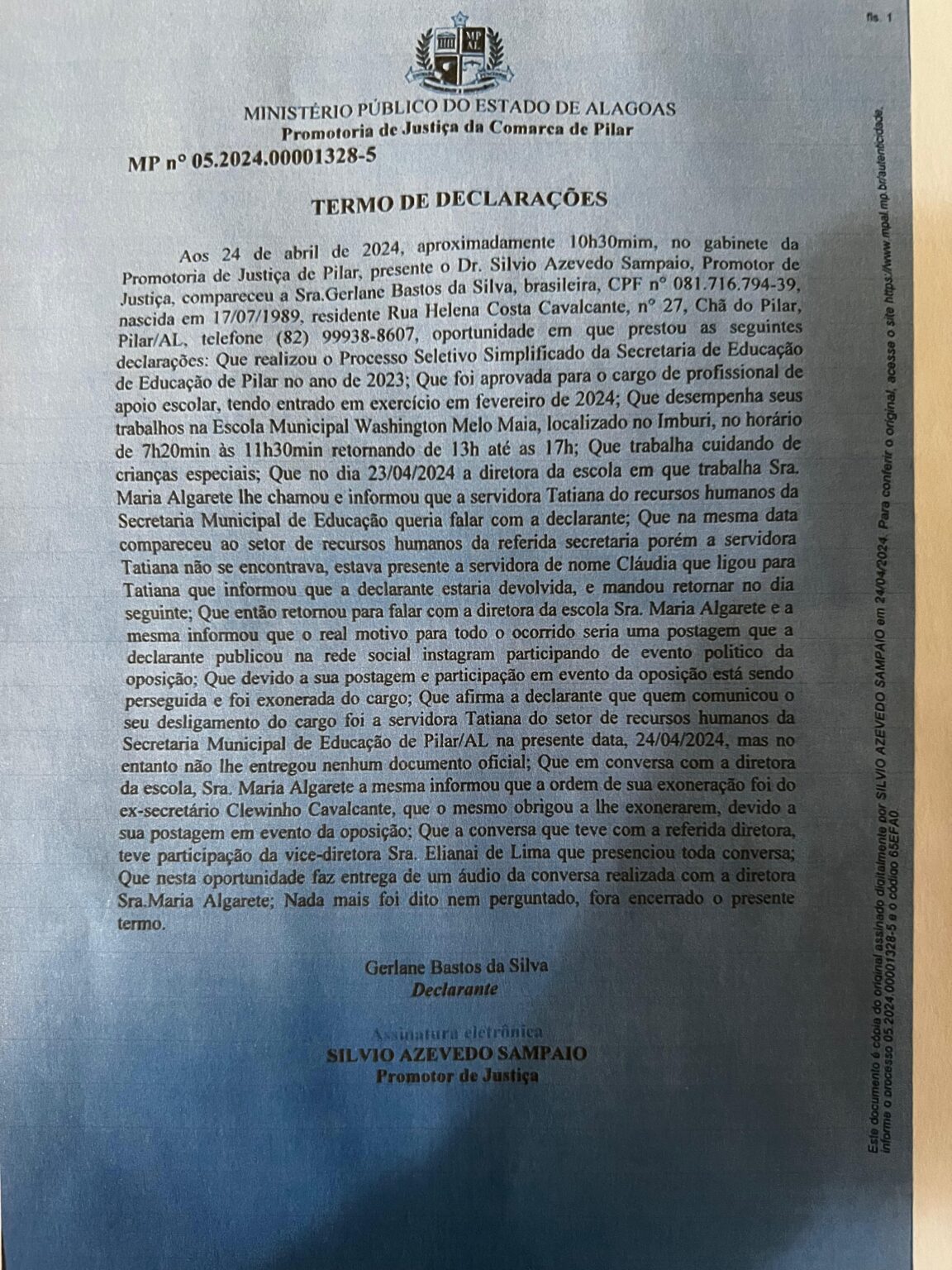Prefeitura do Pilar é denunciada ao MPAL por perseguições políticas contra servidora pública da Educação