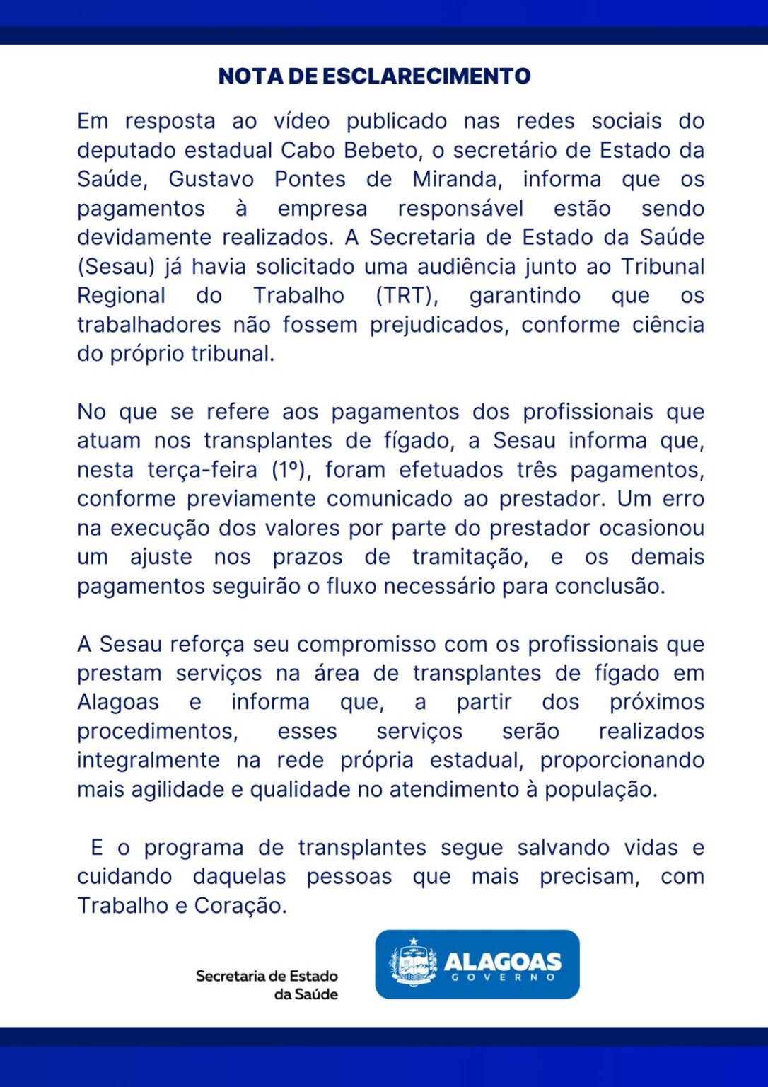 Secretário de Saúde afirma que pagamentos de empresas estão regularizados