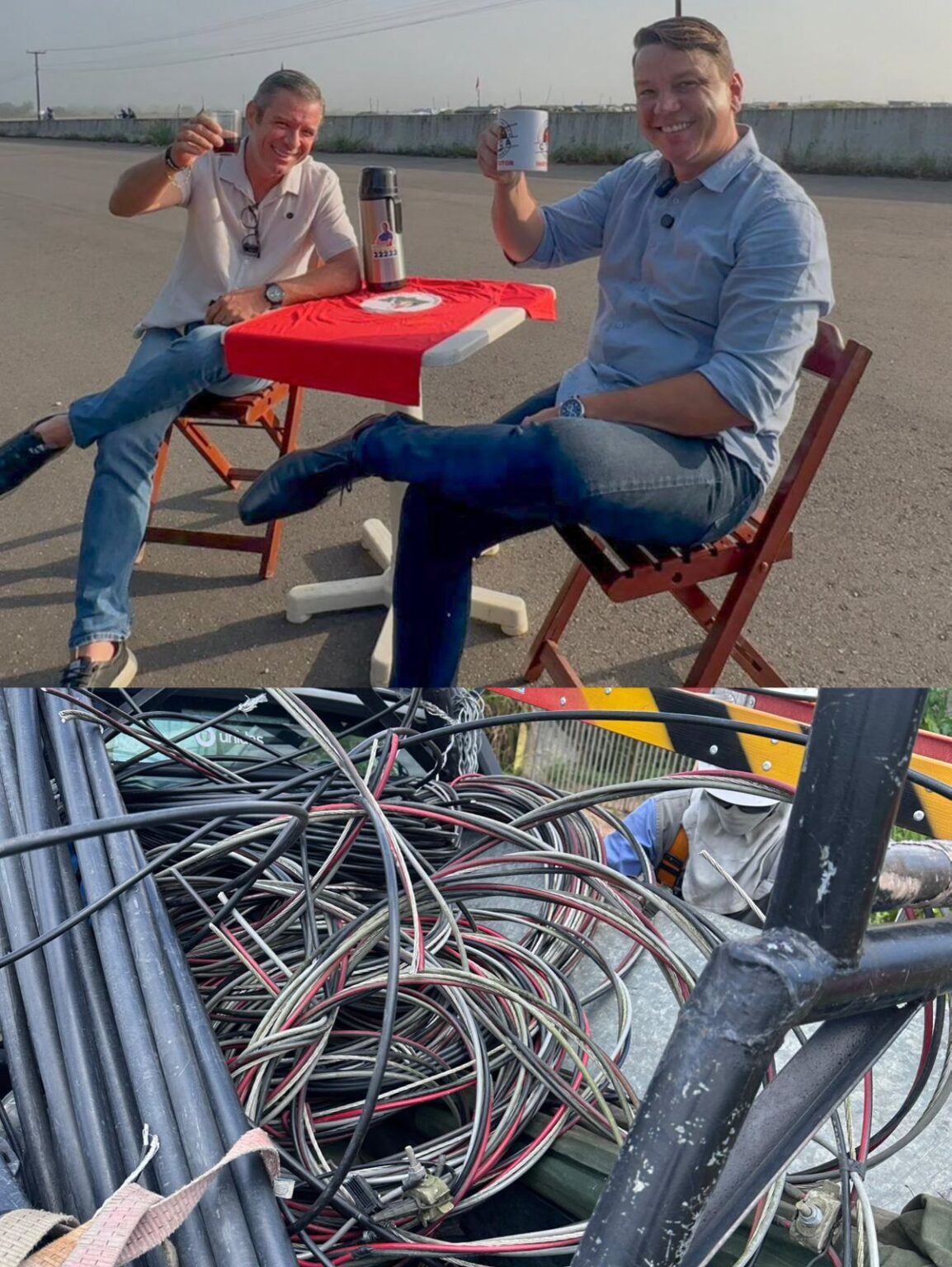 Cabo Bebeto e Vavazinho fiscalizam retirada de ligação clandestina de energia em acampamento do MST