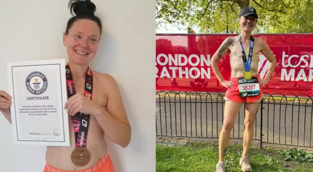 Mulher que sobreviveu ao câncer de mama emociona ao correr maratona e exibir cicatrizes ‘topless’: ‘Salvaram minha vida’
