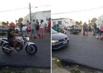 Mulher fica ferida em acidente entre moto e carro no bairro Santa Amélia