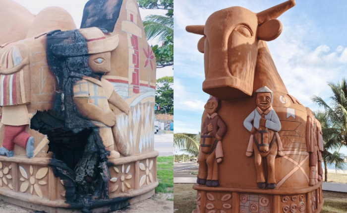 Escultura gigante de João das Alagoas é queimada em Maceió