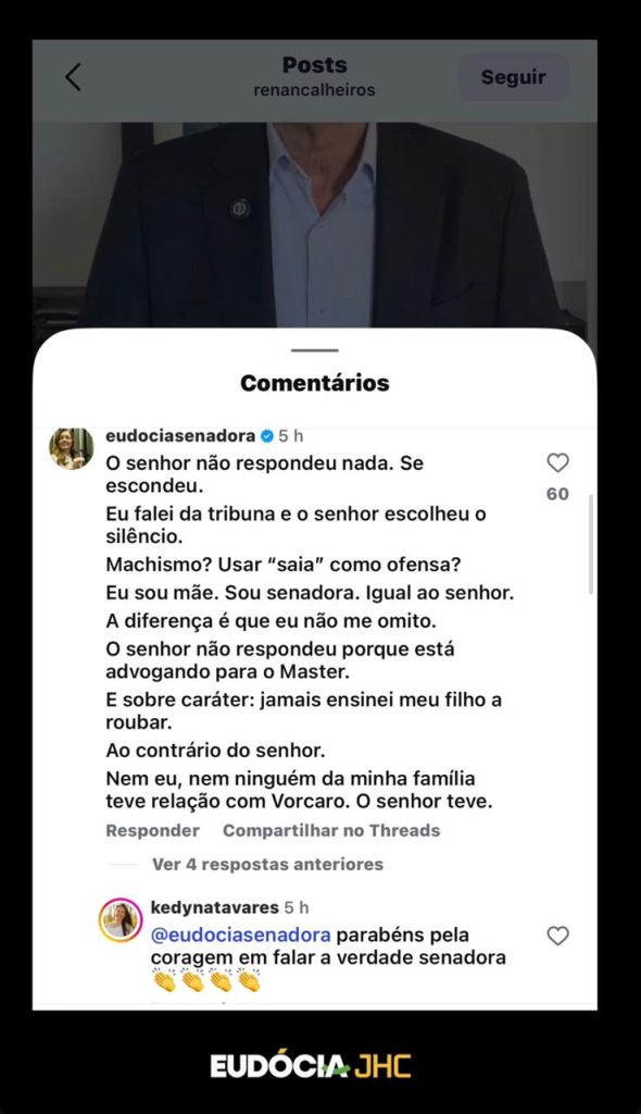 Embate entre Renan Calheiros e Eudócia Caldas ganha repercussão nas redes sociais